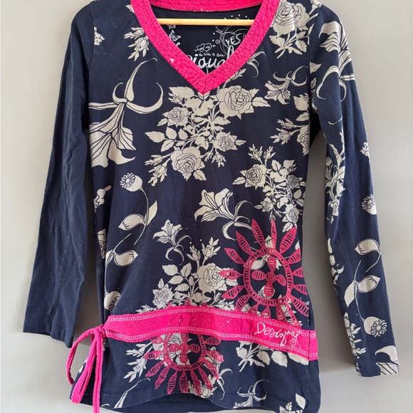 Desigual Tops - Desigual Navy and Pink Floral Long Sleeve Tee